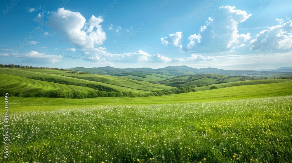 Serene countryside with rolling fields and a clear blue sky, peaceful and pastoral Serene countryside with rolling fields and a clear blue sky, peaceful and pastoral