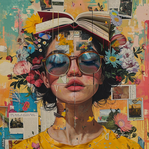 art portrait woman flowers sunglasses colorful surreal creative artistic collage book abstract headwear floral vibrant dreamy imagination 