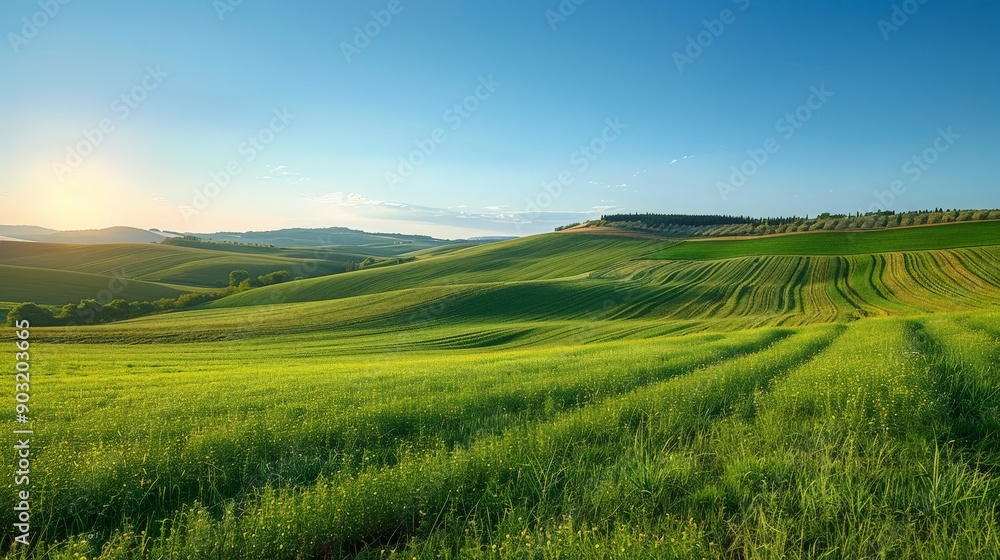 Serene countryside with rolling fields and a clear blue sky, peaceful and pastoral Serene countryside with rolling fields and a clear blue sky, peaceful and pastoral