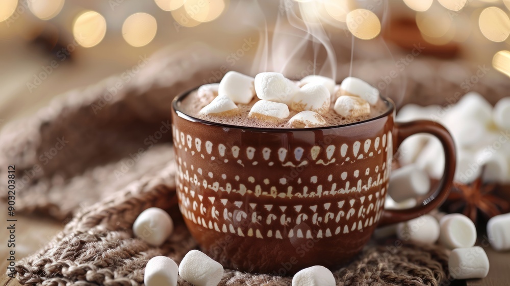 Enjoying warm hot chocolate with marshmallows on a cozy evening Enjoying warm hot chocolate with marshmallows on a cozy evening
