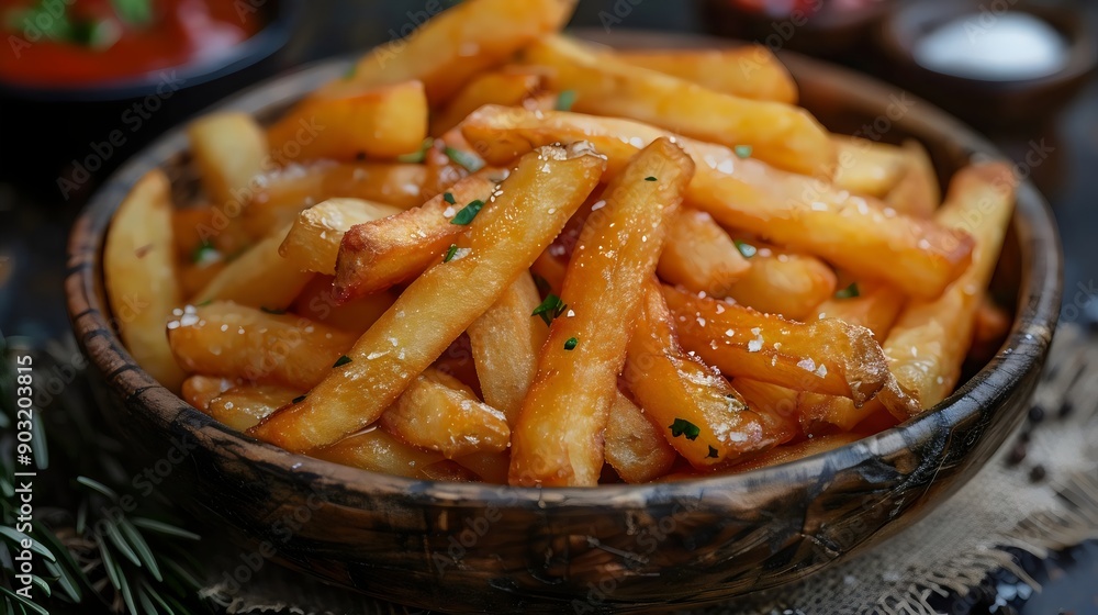 A bowl of french fries with parsley on top A bowl of french fries with parsley on top