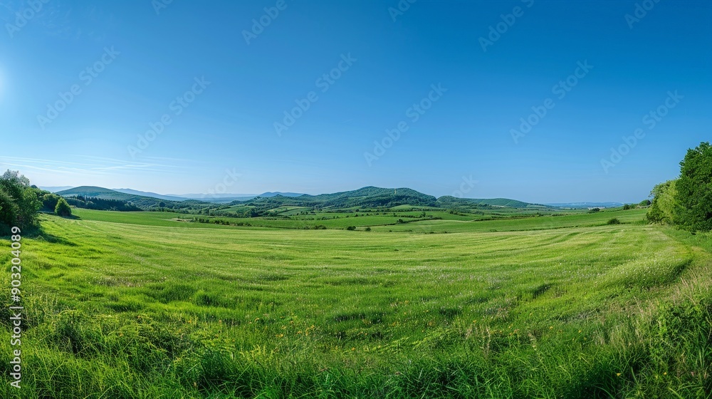 Serene countryside with rolling fields and a clear blue sky, peaceful and pastoral Serene countryside with rolling fields and a clear blue sky, peaceful and pastoral