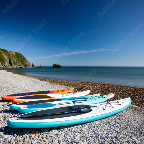 Paddleboards on a beach