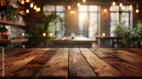 Warm cafe interior with wooden tabletop at sunset