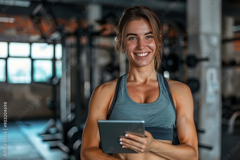 A fit muscular female personal trainer smiling at the camera in a gym, close up A fit muscular female personal trainer smiling at the camera in a gym, close up