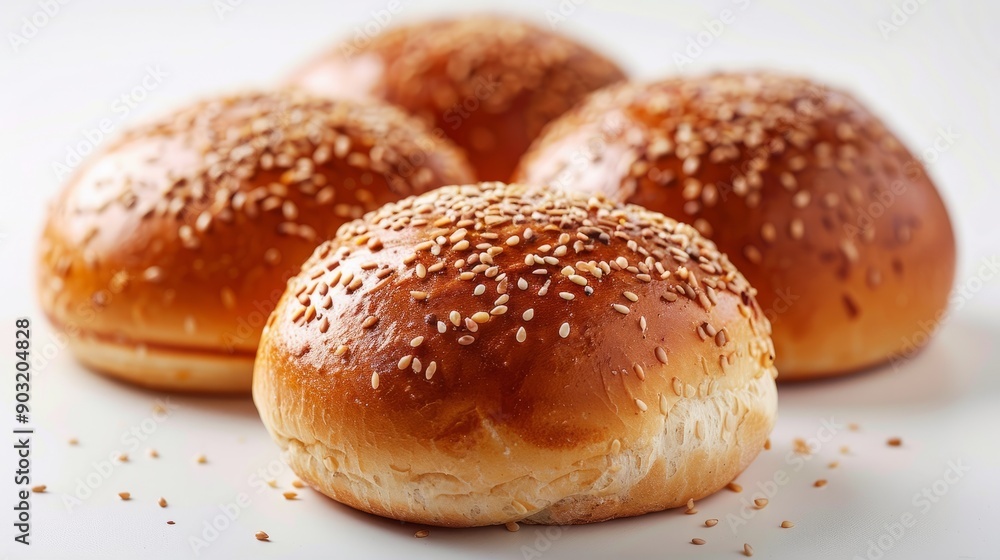 Freshly baked sesame burger buns on plain white background Freshly baked sesame burger buns on plain white background