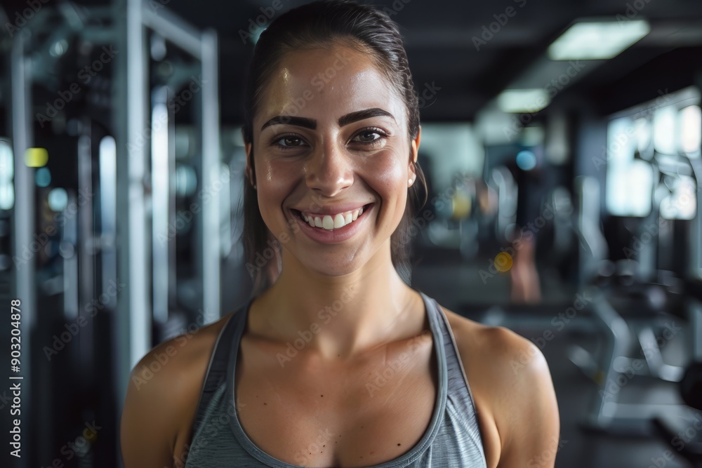 A fit muscular female personal trainer smiling at the camera in a gym, close up A fit muscular female personal trainer smiling at the camera in a gym, close up