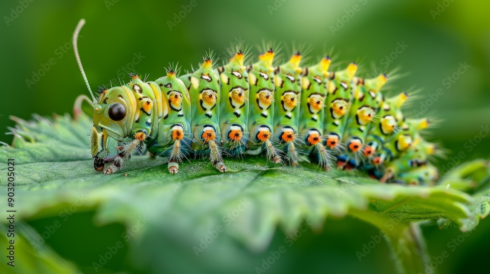 Vibrant larvae feeding on leaves in a lush garden during summer Vibrant larvae feeding on leaves in a lush garden during summer