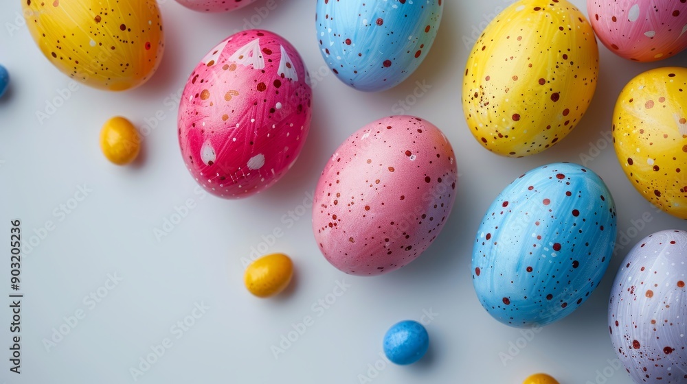 Colorful easter eggs on a white surface ready for spring celebrations Colorful easter eggs on a white surface ready for spring celebrations