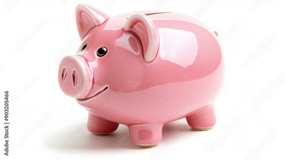 Pink piggy bank on white background representing savings and financial management Pink piggy bank on white background representing savings and financial management