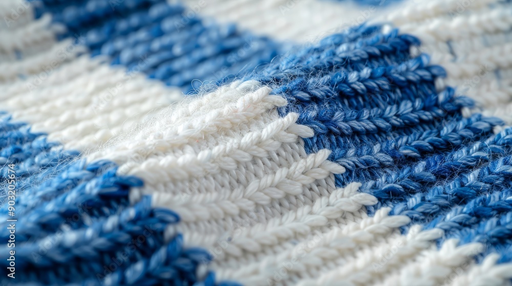 Blue and white knitted cotton fabric featuring striped pattern in soft textures Blue and white knitted cotton fabric featuring striped pattern in soft textures