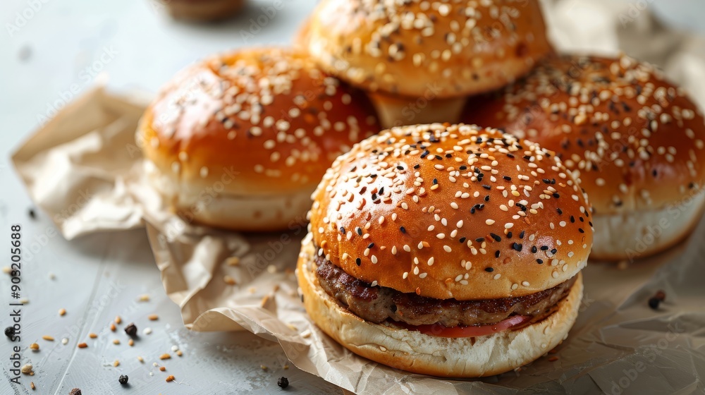 Freshly baked burger buns with sesame seeds on a white background Freshly baked burger buns with sesame seeds on a white background