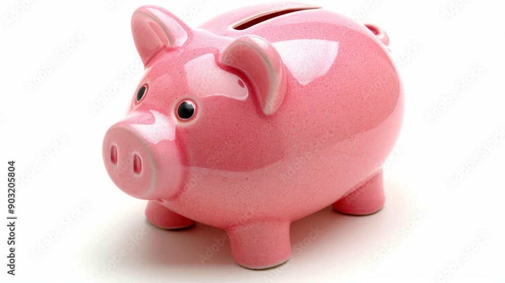 Pink piggy bank on white background representing savings and financial planning Pink piggy bank on white background representing savings and financial planning
