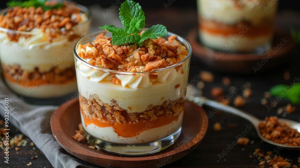 Carrot dessert made at home with layers of cream and crushed nuts enjoyed in a cozy kitchen Carrot dessert made at home with layers of cream and crushed nuts enjoyed in a cozy kitchen