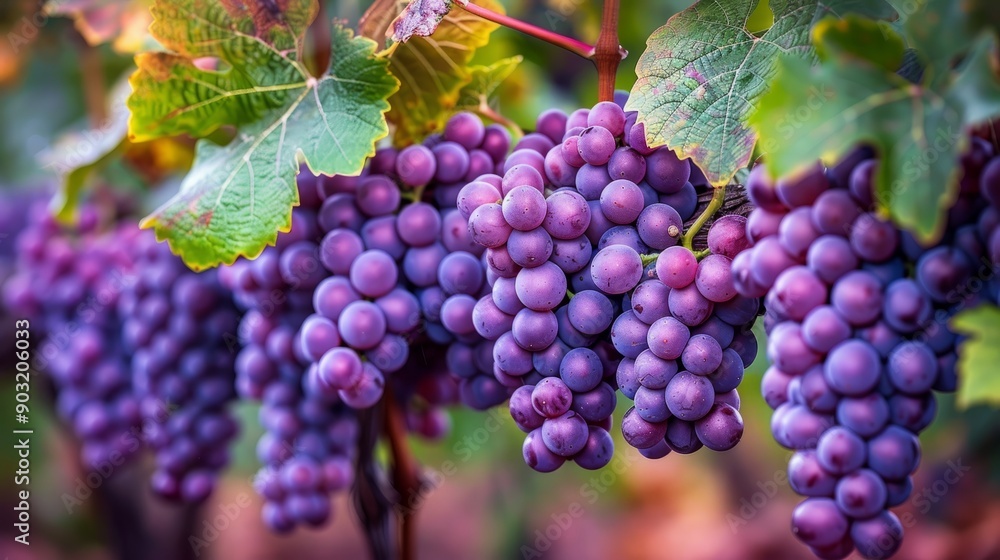 Naklejka premium Purple wine grapes growing on vines in a vineyard during harvest season