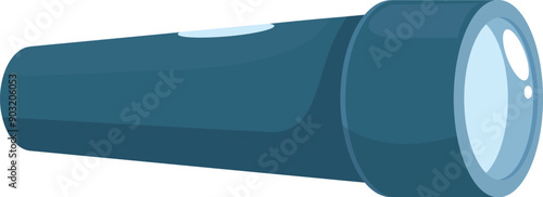 Blue metal flashlight is lying horizontally and emitting light