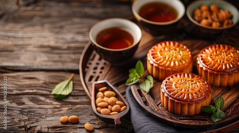 Chinese moon cakes and tea served on a wooden table with almonds and mint Chinese moon cakes and tea served on a wooden table with almonds and mint