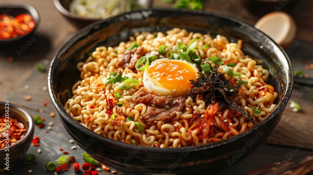 Quick cooking noodles with egg and spicy toppings prepared in a cozy kitchen setting Quick cooking noodles with egg and spicy toppings prepared in a cozy kitchen setting
