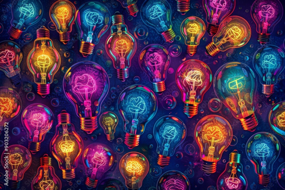 Neon Light Bulbs and Bokeh Lights in Abstract Pattern Highlighting Creativity and Vibrant Design Neon Light Bulbs and Bokeh Lights in Abstract Pattern Highlighting Creativity and Vibrant Design