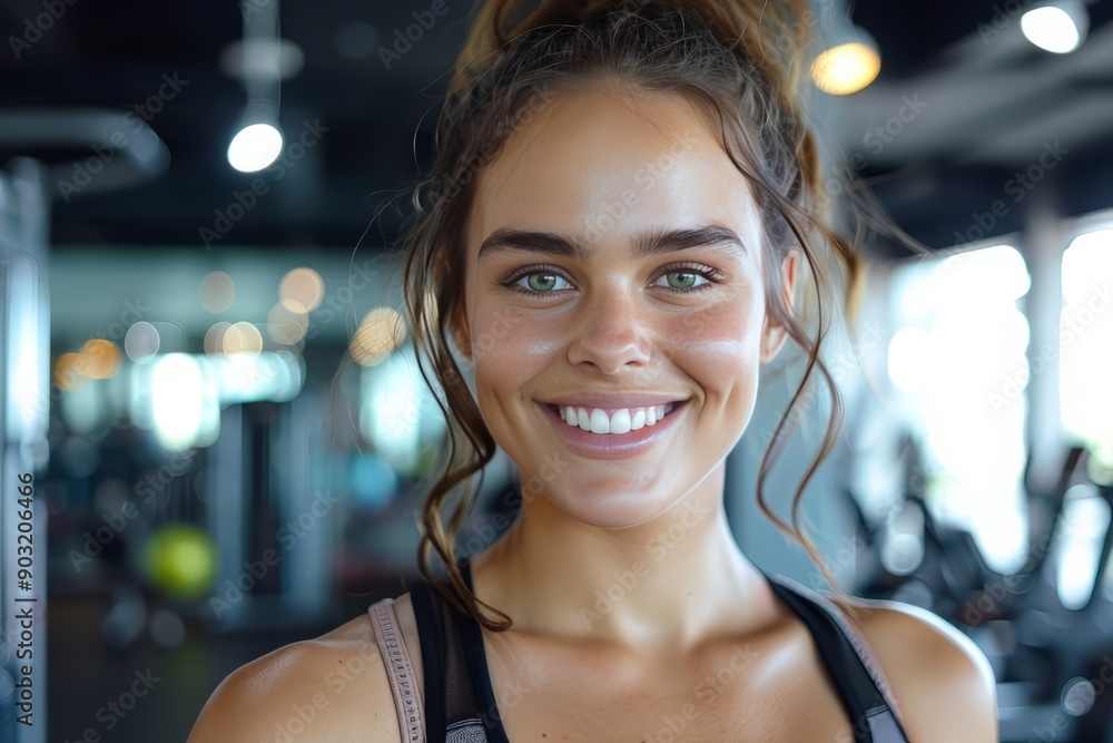 A fit muscular female personal trainer smiling at the camera in a gym, close up A fit muscular female personal trainer smiling at the camera in a gym, close up