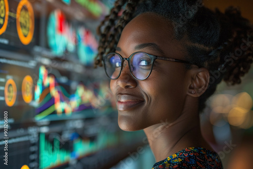 Photograph of a Person Smiling with Stock Market Gains: A person smiling while looking at stock market gains on a screen.