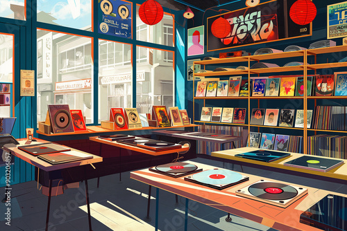 Record store with vinyl records displayed and turntables on tables