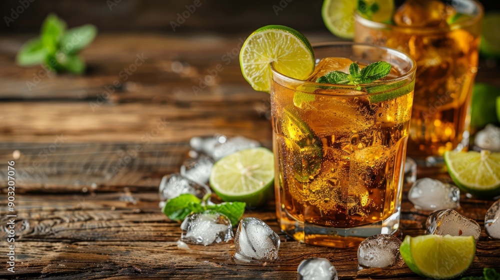 Refreshing rum drink with lime and ice on rustic wooden table Refreshing rum drink with lime and ice on rustic wooden table