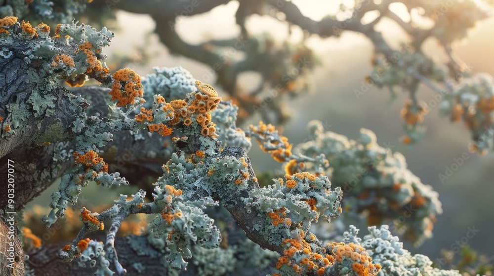 Lichen growing on tree branches at dawn in a forest setting Lichen growing on tree branches at dawn in a forest setting