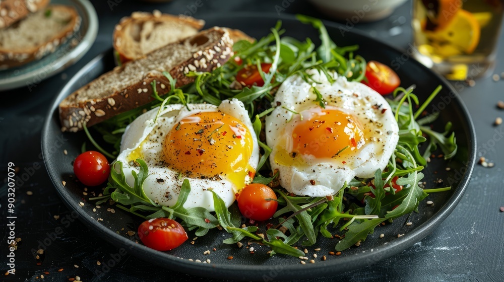 Poached eggs with runny yolks on arugula salad with cherry tomatoes and fresh bread Poached eggs with runny yolks on arugula salad with cherry tomatoes and fresh bread