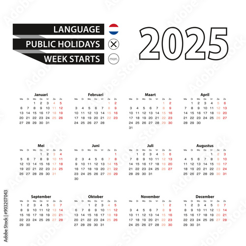 Calendar 2025 in Dutch language, week starts on Monday.