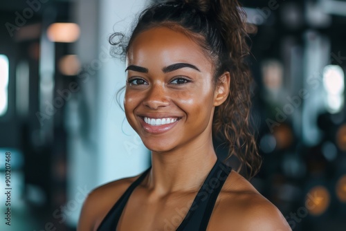 A fit muscular female personal trainer smiling at the camera in a gym, close up Free Download A fit muscular female personal trainer smiling at the camera in a gym, close up - GFXLoad