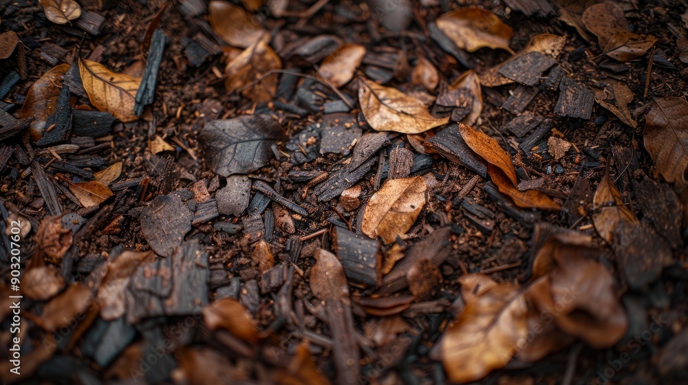 Brown bark mulch spread across garden bed in autumn Brown bark mulch spread across garden bed in autumn