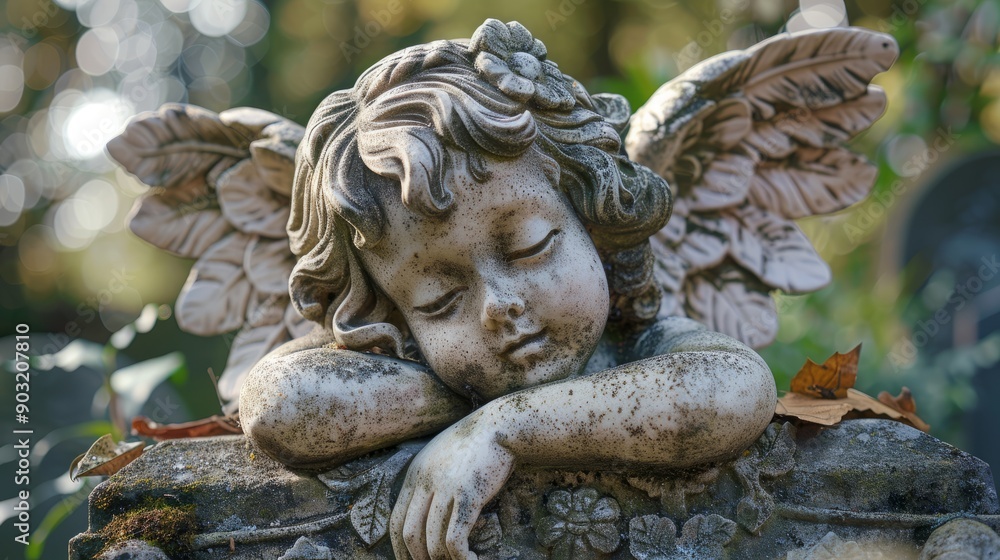 Damaged cherubic figure with wings resting on a weathered tombstone in a serene cemetery Damaged cherubic figure with wings resting on a weathered tombstone in a serene cemetery