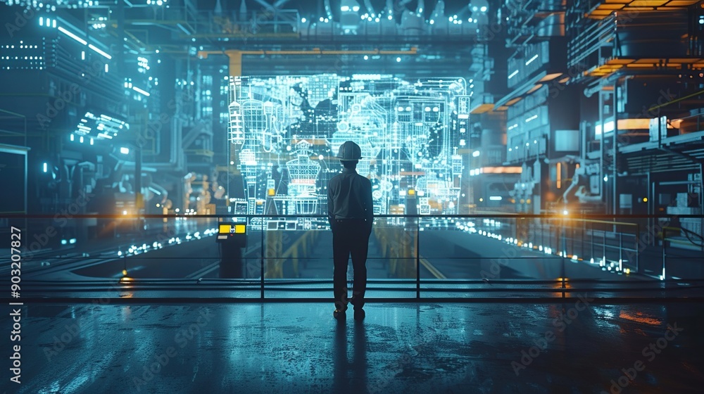 A Team of Professional Engineers and Workers at a Heavy Industrial Manufacturing Plant Graphically Digitized into a High-Tech Digital Twin of Industry. Futuristic Technology Concept: