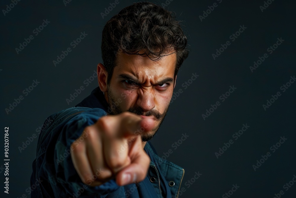man with angry expression looking at camera and pointing with index finger in accusatory way man with angry expression looking at camera and pointing with index finger in accusatory way
