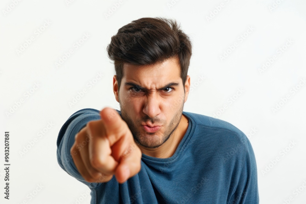 man with angry expression looking at camera and pointing with index finger in accusatory way man with angry expression looking at camera and pointing with index finger in accusatory way