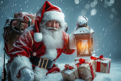 Santa Claus With Lantern And Gifts In Snowy Winter Setting, Spreading Christmas Joy.