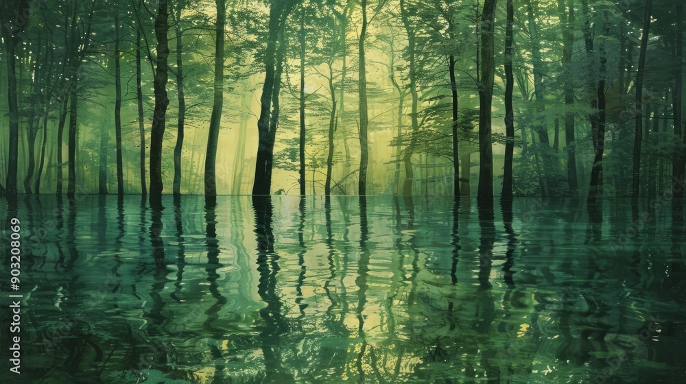 Obraz premium Serene green water landscape reflecting trees at sunrise in a tranquil forest