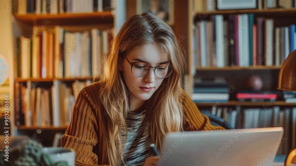 A student in glasses concentrates on studying from a laptop in a warm, book-filled environment during the evening. A student in glasses concentrates on studying from a laptop in a warm, book-filled environment during the evening.