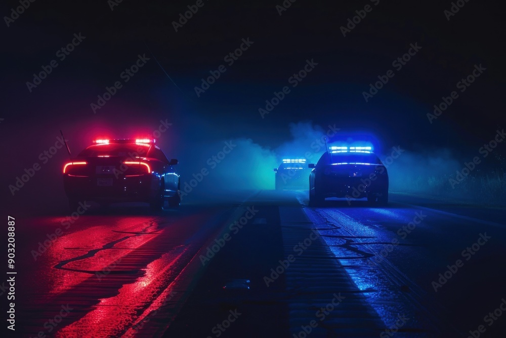 Night-Time Police Patrol Car with Emergency Flashing Red and Blue Lights. Night Crime Scene Night-Time Police Patrol Car with Emergency Flashing Red and Blue Lights. Night Crime Scene