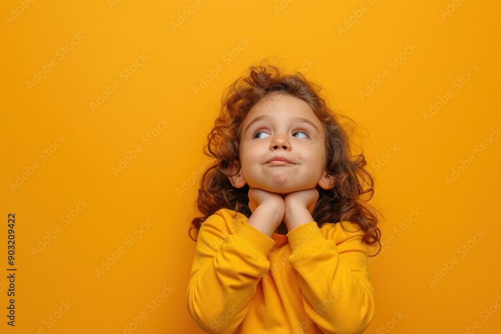Photo of positive sweet kid dressed shirt arm cheek air blowing empty space isolated yellow color background Photo of positive sweet kid dressed shirt arm cheek air blowing empty space isolated yellow color background