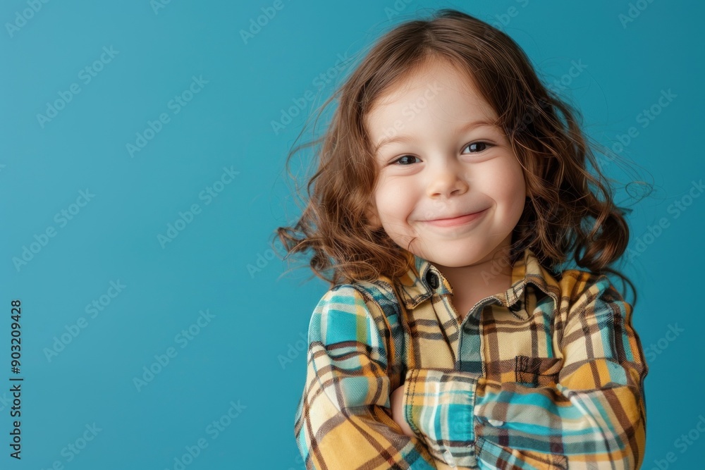 Photo of positive sweet kid dressed shirt arm cheek air blowing empty space isolated blue color background Photo of positive sweet kid dressed shirt arm cheek air blowing empty space isolated blue color background