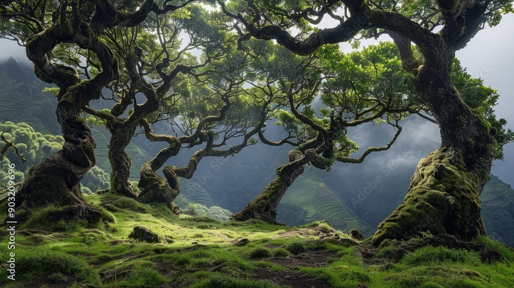 Scenic beauty of fanal forest in madeira with majestic ancient trees Scenic beauty of fanal forest in madeira with majestic ancient trees