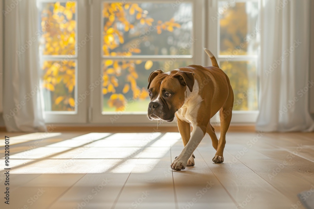 Boxer dog walking on hardwood floor Boxer dog walking on hardwood floor
