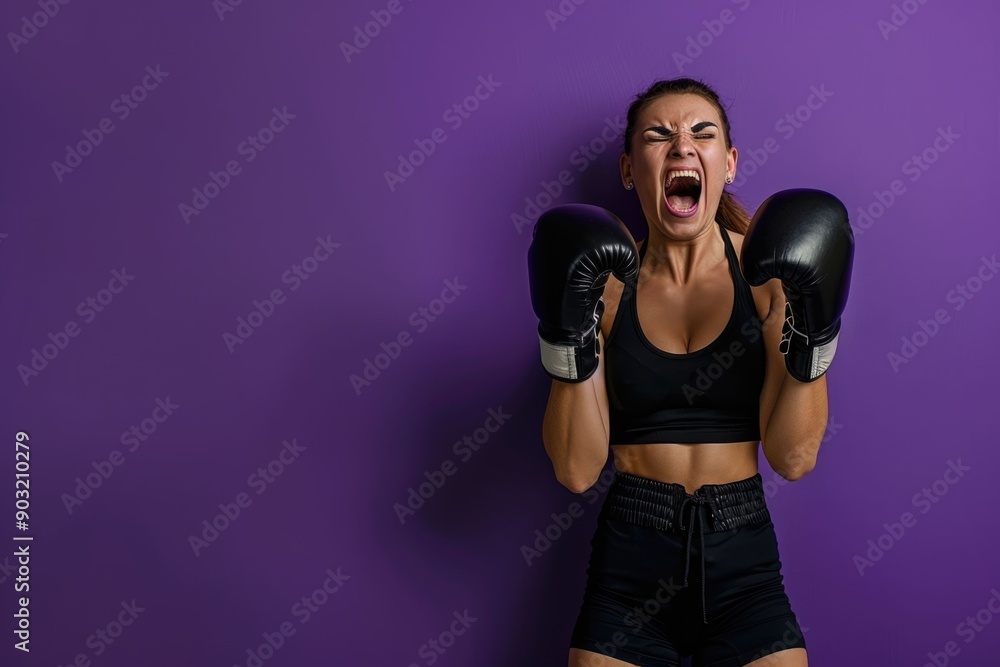 Strong young female boxer posing in boxing gloves on purple background. Strong young female boxer posing in boxing gloves on purple background.