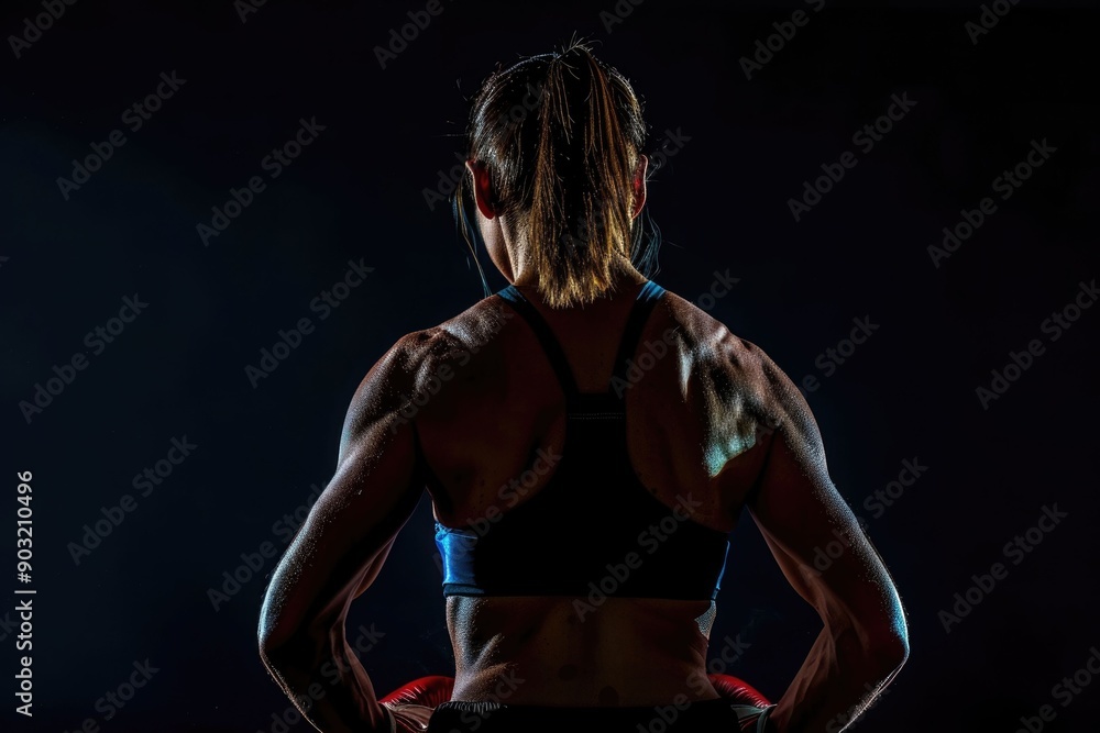 Strong female boxer on dark background back view Strong female boxer on dark background back view