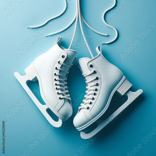 Pair of ice skates on blue background, Top view, square image