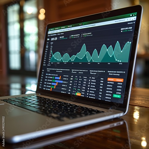 This closeup image features a notebook device screen showcasing an array of colorful website traffic metrics, detailed graphs, and analytics, highlighting a blog's internet ranking and visitor statist photo