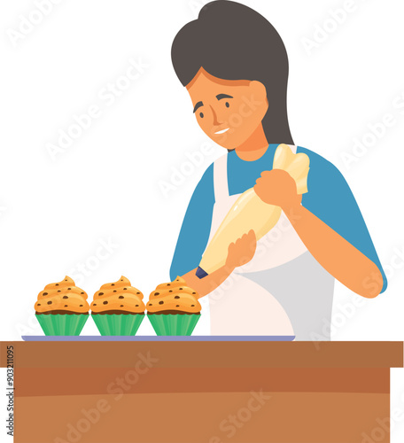 Woman in apron decorating muffins with cream using piping bag, confectioner cooking dessert