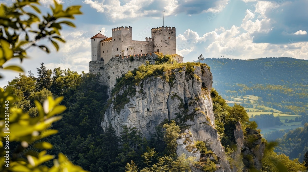 Wide view of a historic castle on a hill. Wide view of a historic castle on a hill.